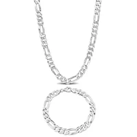 2 Piece Set of Men's 8.9mm Flat Figaro Chain Necklace & Bracelet in Sterling Silver, 22" & 9"