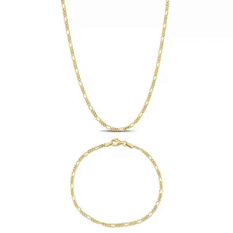 2 Piece Set of 2.2mm Figaro Chain Bracelet & Necklace in Yellow Plated Sterling Silver, 20" & 7.5"