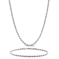 2 Piece Set of Men's 2.2mm Rope Chain Necklace & Bracelet in Sterling Silver, 20" & 9"