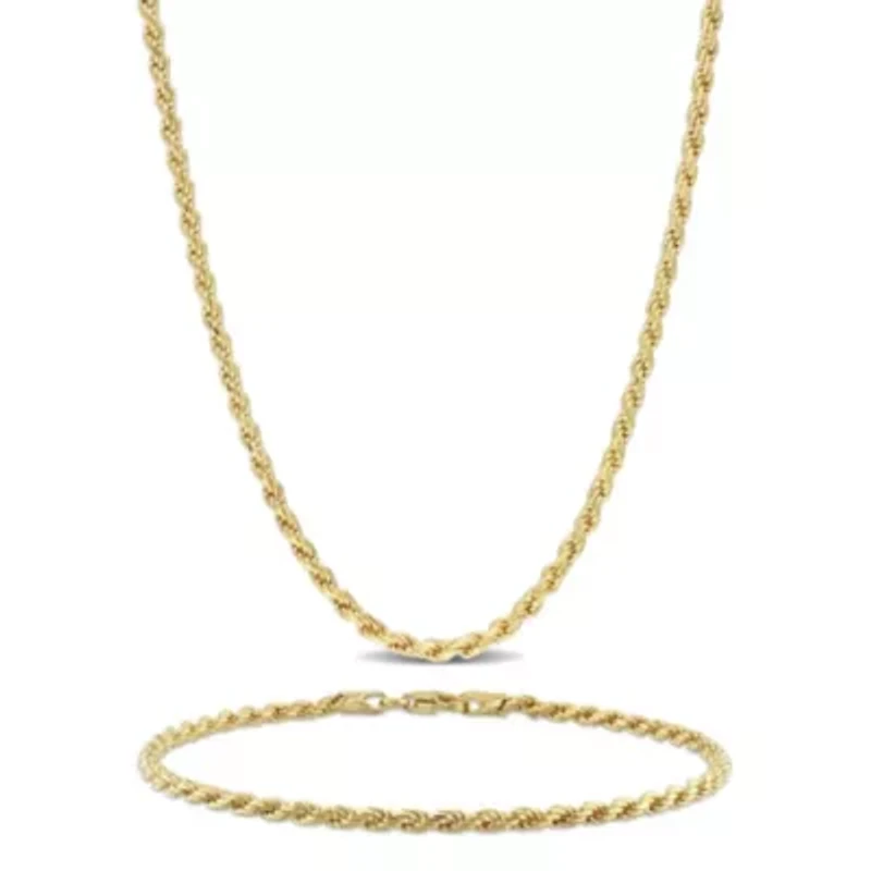 2 Piece Set of 2.2mm Rope Chain Necklace & Bracelet in Yellow Plated Sterling Silver, 20" & 7.5"