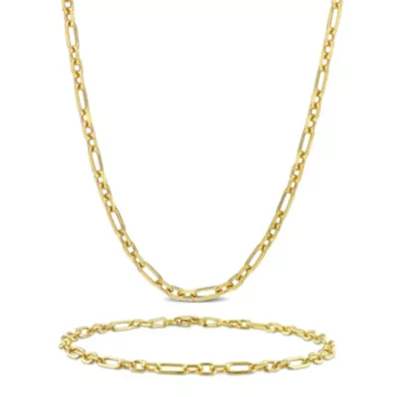 2 Piece Set of 3mm Diamond Cut Figaro Chain Necklace & Anklet in Yellow Plated Sterling Silver, 18" & 9"
