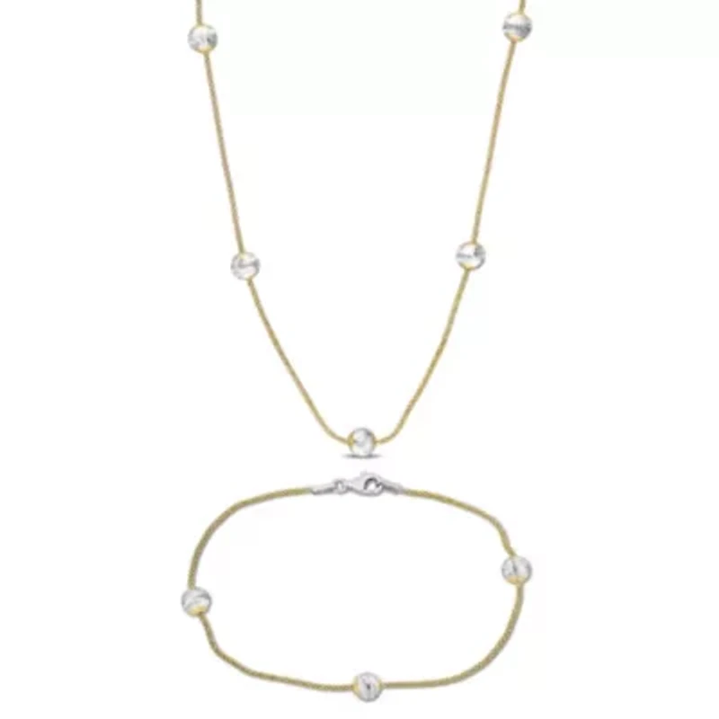 2 Piece Set of 6mm Ball Station Chain Necklace & Bracelet in Yellow & White Plated Sterling Silver, 16" & 7.5"
