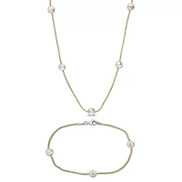 2 Piece Set of 6mm Ball Station Chain Necklace & Bracelet in Yellow & White Plated Sterling Silver, 16" & 7.5"