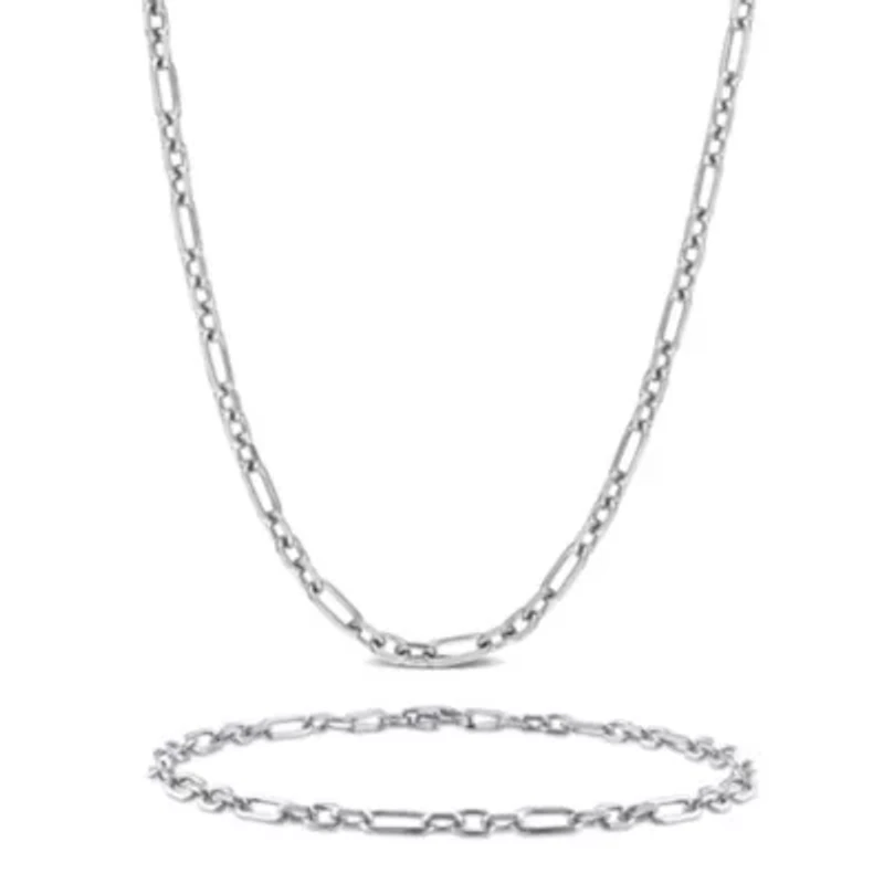 2 Piece Set of Men's 3mm Figaro Rolo Necklace & Bracelet in Sterling Silver, 20" & 9"