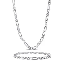 2 Piece Set of 6mm Figaro Chain Necklace & Bracelet in Sterling Silver, 24" & 9"