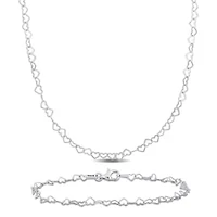 2 Piece Set of 3mm Heart Link Necklace & Bracelet in Sterling Silver, 18" & 7.5"
