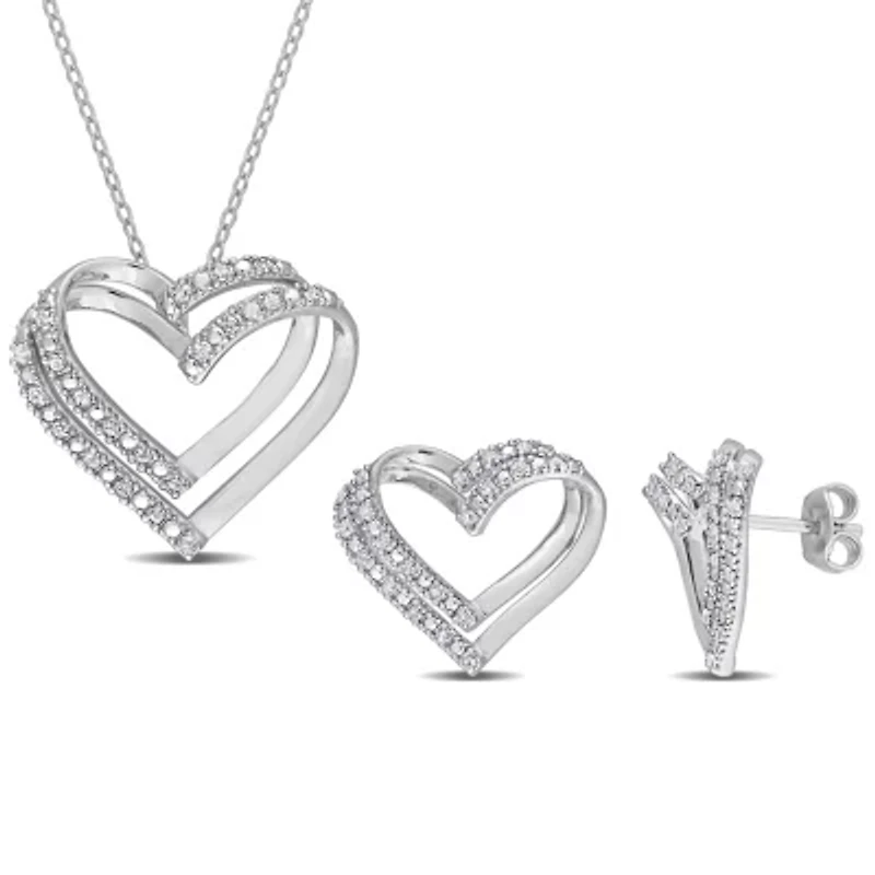 2 Piece Set of Diamond Stud Earrings & Pendant With Chain in Sterling Silver, 18"