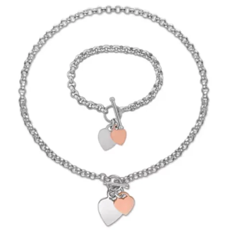 2 Piece Set of Charm Necklace & Bracelet in Rose and White Plated Sterling Silver, 18" & 7.5"