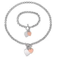 2 Piece Set of Charm Necklace & Bracelet in Rose and White Plated Sterling Silver, 18" & 7.5"