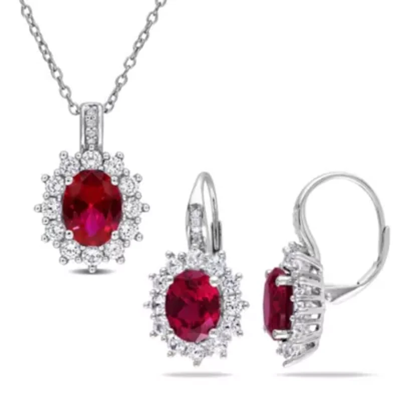 Lab Created 2 Piece Set of Created Ruby, White Sapphire, & Diamond Accent Earrings & Halo Pendant in in Sterling Silver, 18"