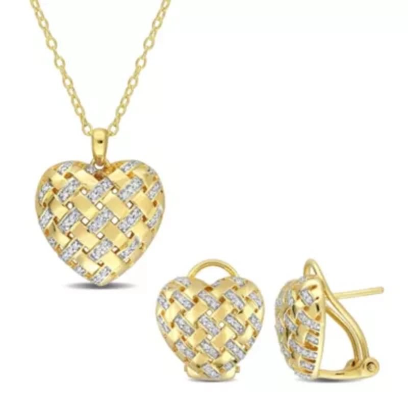 2 Piece Set of Diamond Lattice Heart Omega Back Earrings & Pendant with Chain in Yellow Plated Sterling Silver