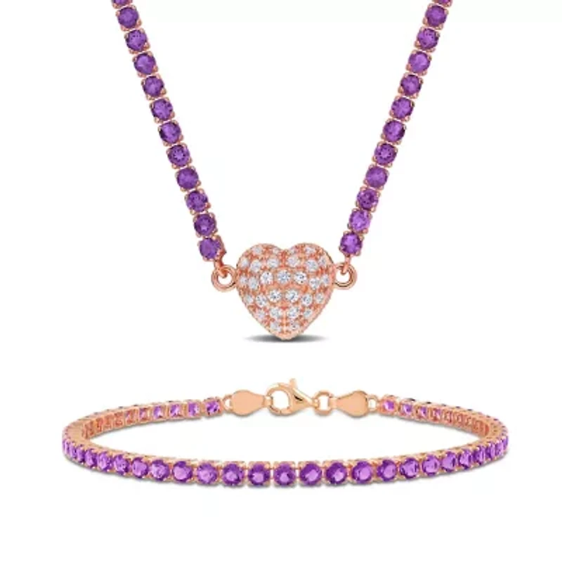 Lab Created 2 Piece Set of Amethyst, African Amethyst & Created White Sapphire Tennis Necklace & Bracelet in Rose Plated Sterling Silver 17" & 7.25"