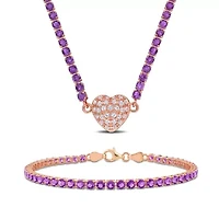 Lab Created 2 Piece Set of Amethyst, African Amethyst & Created White Sapphire Tennis Necklace & Bracelet in Rose Plated Sterling Silver 17" & 7.25"