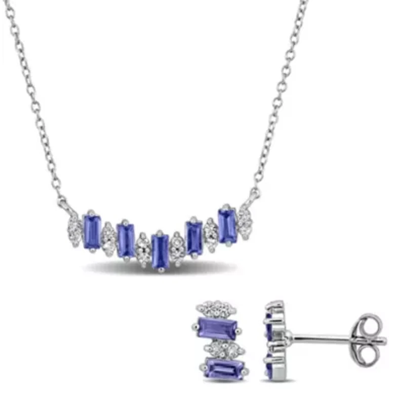 2 Piece Set of Tanzanite & White Topaz Stud Earrings & Necklace in Sterling Silver, 18"