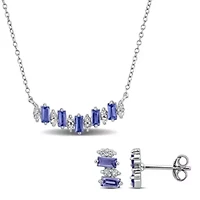 2 Piece Set of Tanzanite & White Topaz Stud Earrings & Necklace in Sterling Silver, 18"