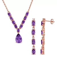 2 Piece Set of Amethyst & White Topaz, Drop Earrings & Necklace in Rose Plated Sterling Silver, 18"+2"Ext.