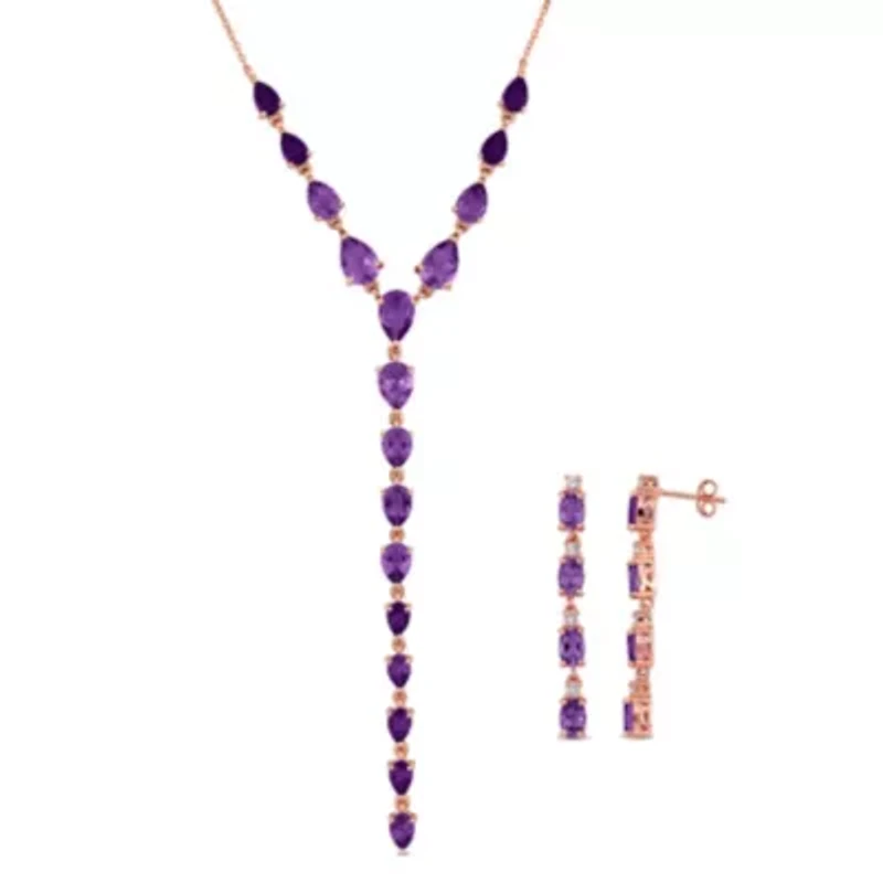 2 Piece Set of Amethyst & White Topaz Earrings & Necklace in Rose Plated Sterling Silver, 20"