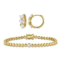 Lab Created 2 Piece Set of Created White Sapphire Hoop Earrings & Tennis Bracelet in Yellow Plated Sterling Silver, 7"