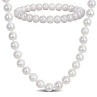 2 Piece Set of 7-7.5mm Freshwater Cultured Pearl Necklace Beaded & Elastic Bracelet in Sterling Silver, 18"