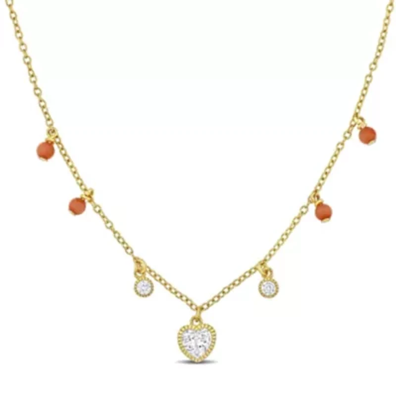 Lab Created Created White Sapphire & Pink Bead Station Necklace in Yellow Plated Sterling Silver, 16"+2"ext.