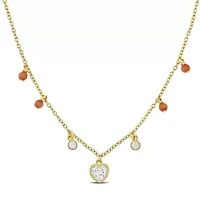 Lab Created Created White Sapphire & Pink Bead Station Necklace in Yellow Plated Sterling Silver, 16"+2"ext.