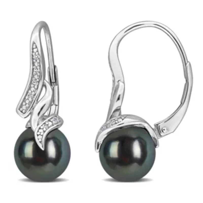 Diamond & 8-8.5MM Black Tahitian Cultured Pearl LeverBack Earrings in Sterling Silver