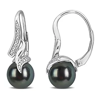 Diamond & 8-8.5MM Black Tahitian Cultured Pearl LeverBack Earrings in Sterling Silver