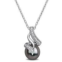 Diamond 8-8.5MM Black Tahitian Cultured Pearl Pendant With Chain in Sterling Silver, 18"