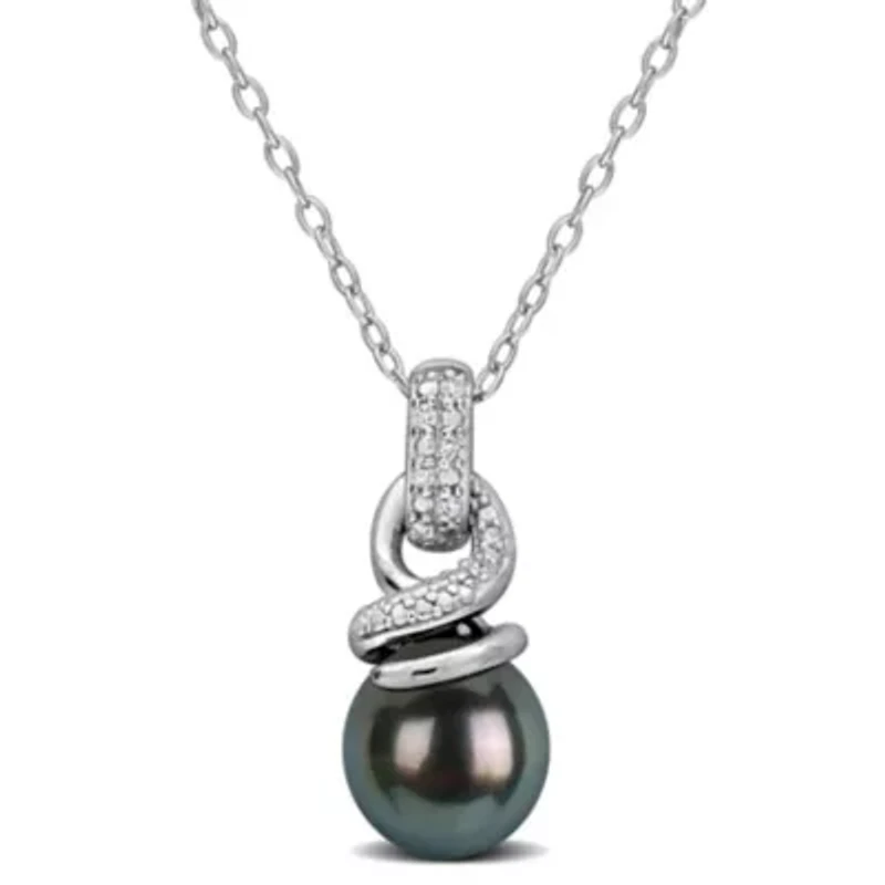 Diamond 8-8.5MM Black Tahitian Cultured Pearl Pendant With Chain in Sterling Silver, 18"