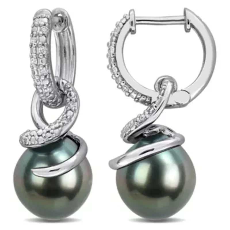 Diamond 8-8.5MM Black Tahitian Cultured Pearl Hoop Earrings in Sterling Silver