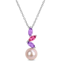 Amethyst-Africa, Pink, White Topaz & 8-8.5MM Pink Freshwater Cultured Pearl Pendant With Chain in Sterling Silver, 17"