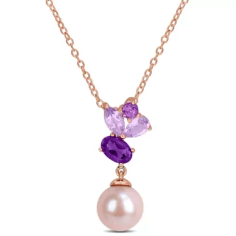 Rose de France, Amethyst-Africa, & 8-8.5MM Pink Freshwater Cultured Pearl Pendant With Chain in Rose Plated Sterling Silver, 17"