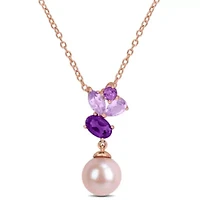 Rose de France, Amethyst-Africa, & 8-8.5MM Pink Freshwater Cultured Pearl Pendant With Chain in Rose Plated Sterling Silver, 17"