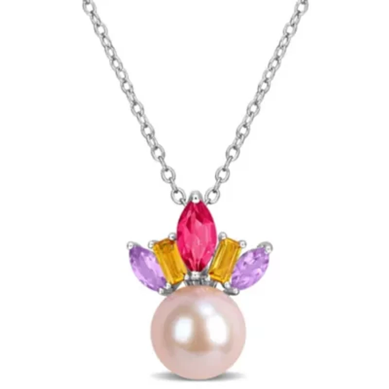 Pink Topaz, Citrine, Rose de France & 7.5-8MM Pink Freshwater Cultured Pearl Pendant With Chain in Sterling Silver, 17"