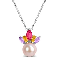 Pink Topaz, Citrine, Rose de France & 7.5-8MM Pink Freshwater Cultured Pearl Pendant With Chain in Sterling Silver, 17"