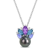 Amethyst-Africa, London Blue Topaz, Tanzanite, White Topaz & 8-8.5MM Black Tahitian Cultured Pearl Pendant With Chain in Sterling Silver, 17"
