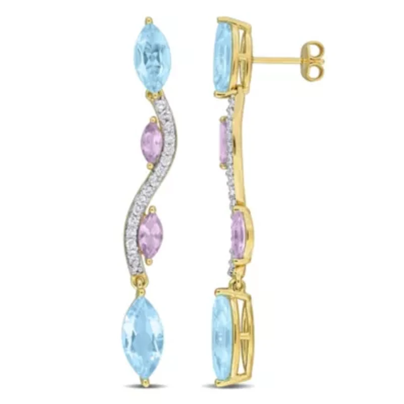 Sky Blue & White Topaz with Rose de France Drop Earrings in Yellow Plated Sterling Silver