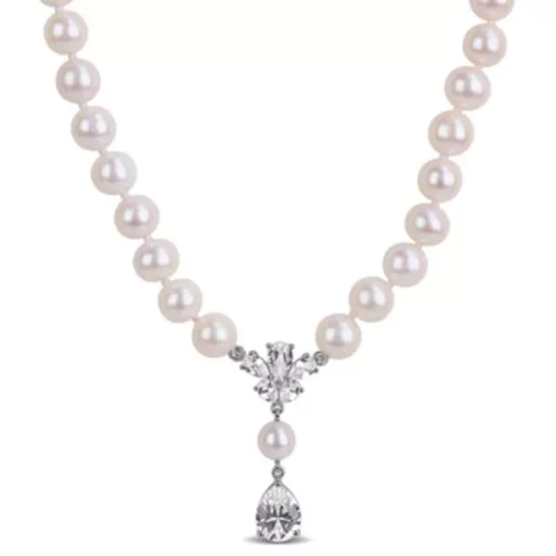 Lab Created Created White Sapphire & Freshwater Cultured Pearl Necklace in Sterling Silver, 17"