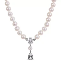 Lab Created Created White Sapphire & Freshwater Cultured Pearl Necklace in Sterling Silver, 17"