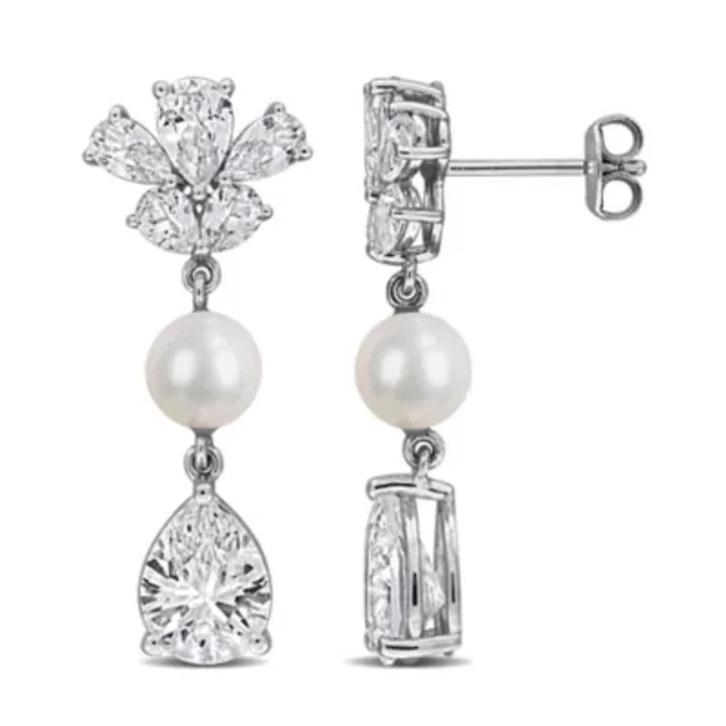 Lab Created Created White Sapphire & 6-6.5MM Freshwater Cultured Pearl Drop Earrings in Sterling Silver