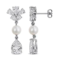 Lab Created Created White Sapphire & 6-6.5MM Freshwater Cultured Pearl Drop Earrings in Sterling Silver