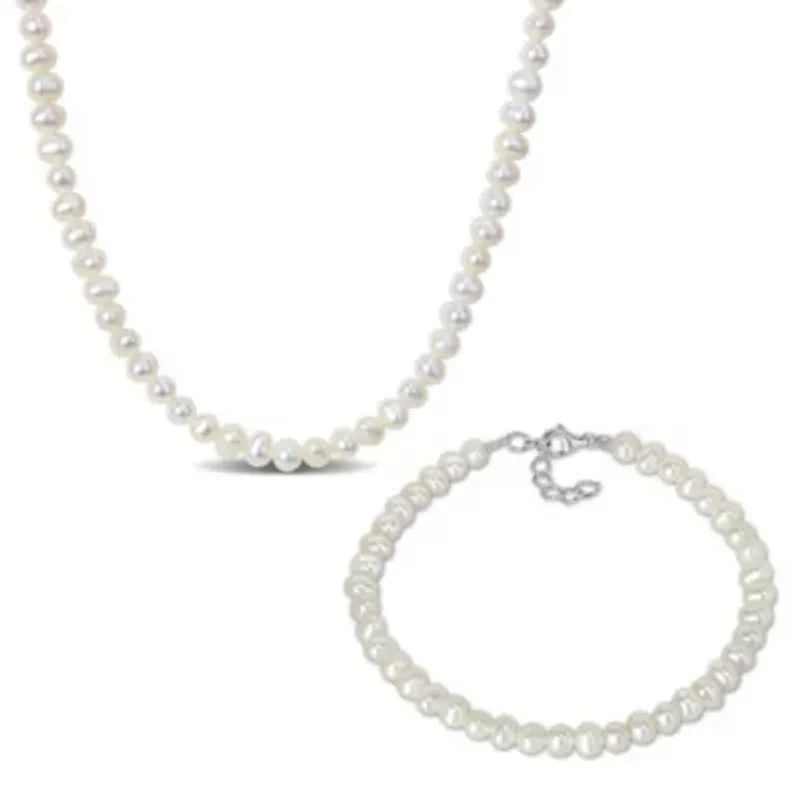 2 Piece Set of 4.5-5mm Freshwater Cultured Pearl Bracelet & Necklace, 17"+2"Ext. & 7.25+1" Ext.