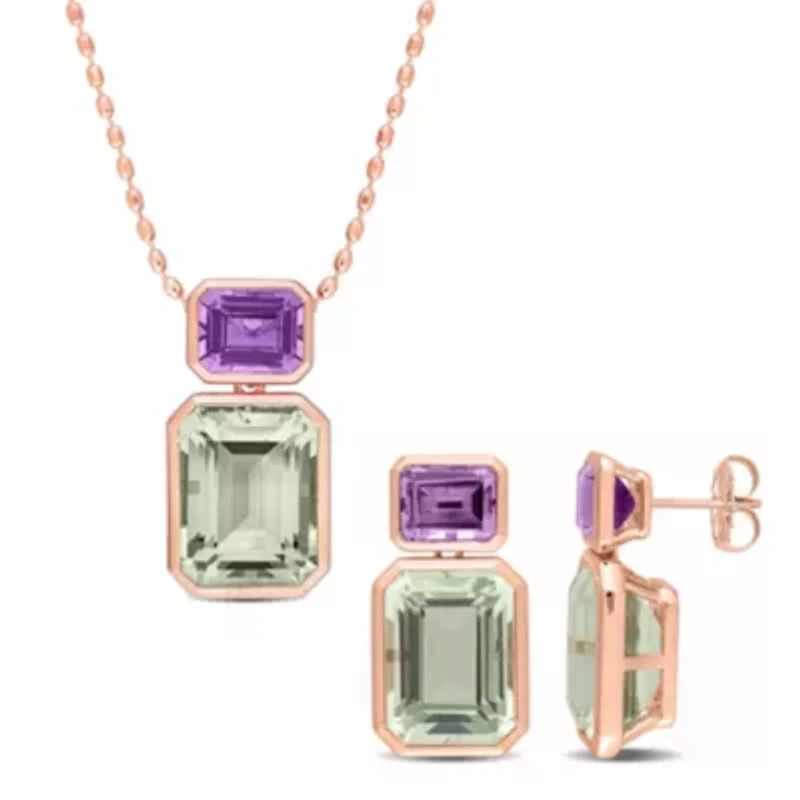 2 Piece Set of Green Quartz & Rose de France Necklace & Earrings in Rose Plated Sterling Silver, 18"