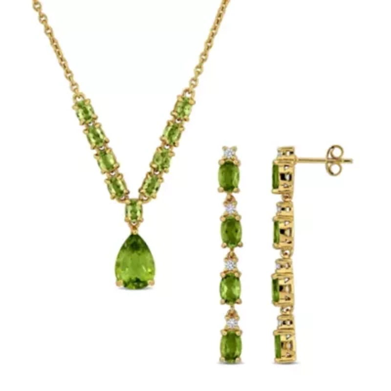 2 Piece Set of Peridot & White Topaz Necklace & Earrings in Yellow Plated Sterling Silver, 18"