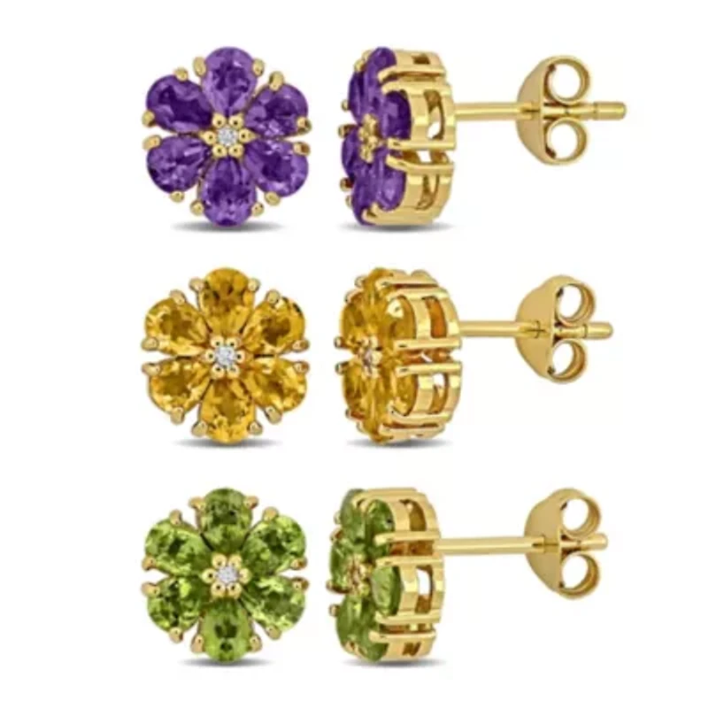 2 Piece Set of Amethyst, Citrine, Peridot, & White Topaz Flower Stud Earrings in Yellow Plated Sterling Silver