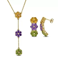 2 Piece Set of Amethyst, Citrine, Peridot, & White Topaz Floral Earrings & Necklace in Yellow Plated Sterling Silver, 18"+2"Ext.