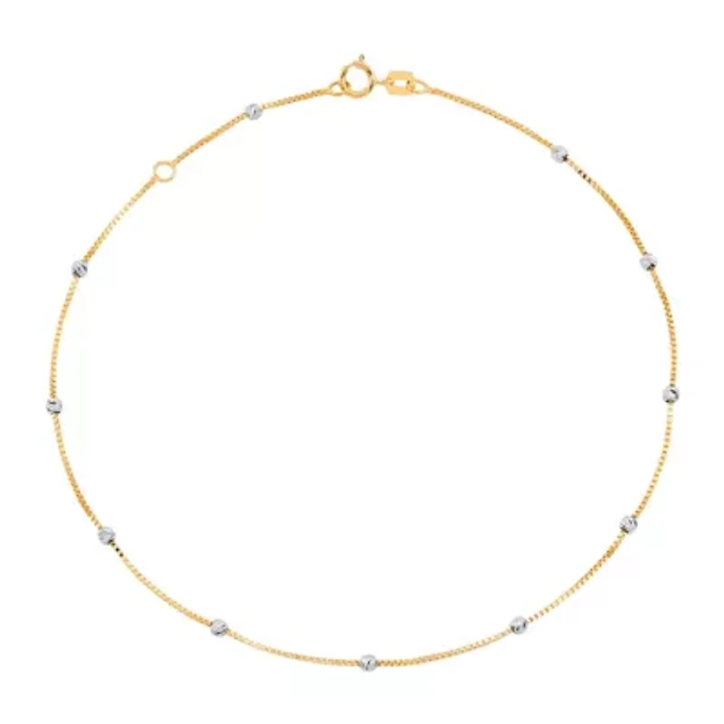 14K Yellow and White Gold Beaded Tincup On Box Chain Anklet