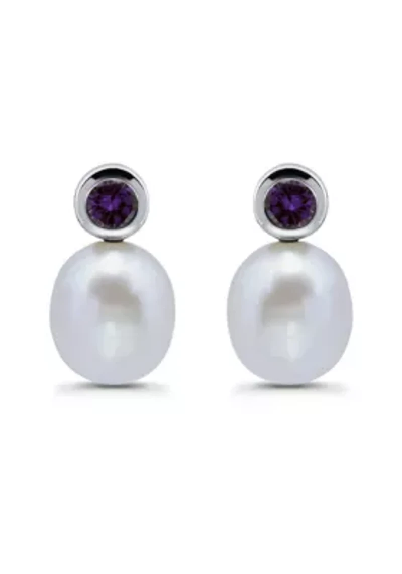Freshwater Pearl and Bezel Set Round Semi Precious Stone Sterling Silver Post Earrings