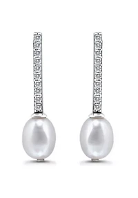 Freshwater Pearl and Pave White Topaz Linear Bar Drop Post Earrings