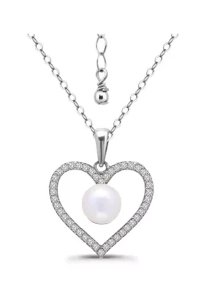 Freshwater Pearl and Pave White Topaz Heart Shaped Sterling Silver Pendant